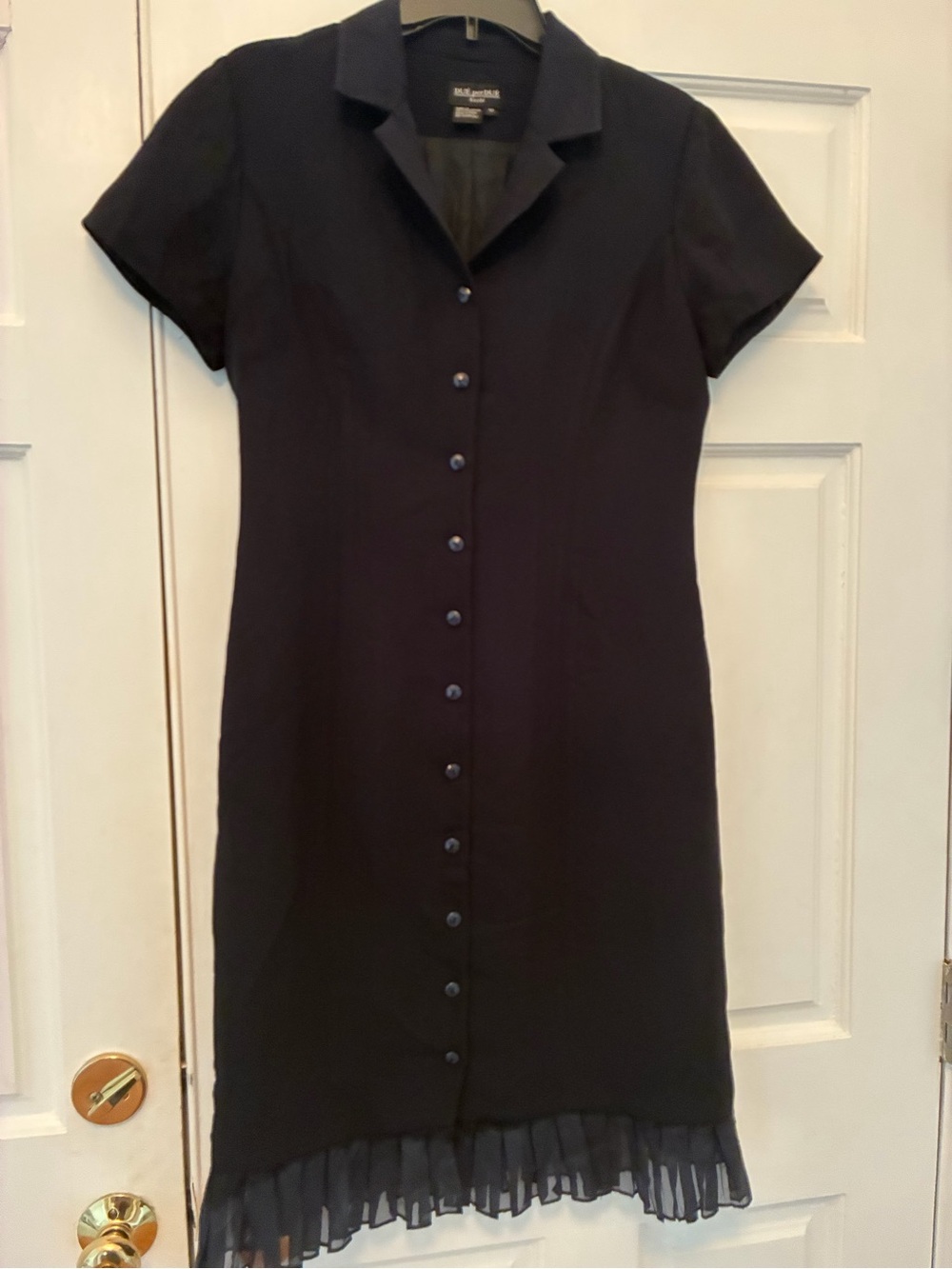Black Short-Sleeve Button-Down Dress with Sheer Ruffle Hem